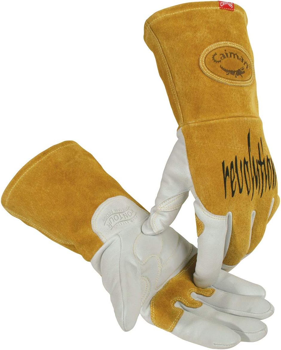 Caiman Premium Goat Grain TIG/MIG Welding Gloves, Split Cowhide Back, Flame Resistant Back, White/Gold, X-Large (1868-6)
