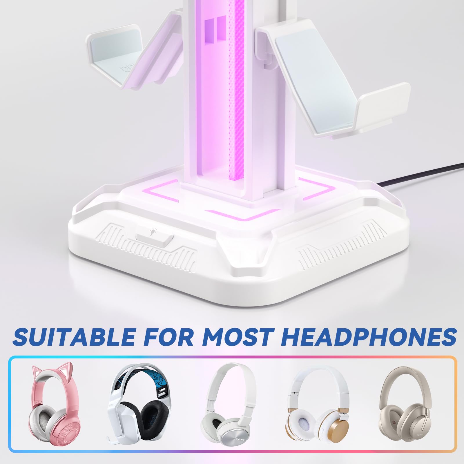 KDD Supporto Cuffie Gaming con 9 Modalità di Illuminazione - Porta Cuffie da Scrivania - Ruotabile Porta Controller & Staccabile Gancio Cuffie per Accessori Gaming Stanza PC Xbox PS5 PS4 (Bianco)