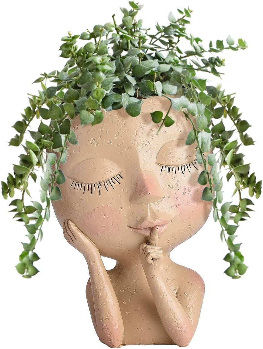 Unique Face Flower Pot for Indoor Outdoor Plants, Cute Succulent Planter Resin Head Planter with Drainage Hole, (Light Brown)