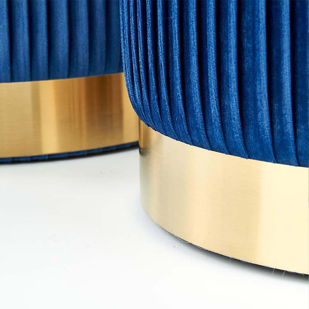 Shally Dogan Set 2 Pouf Contenitori in Velluto, Design Moderno con Fascia in Metallo, Poggiapiedi Rotondo Capiente, Sgabello Tondo con Coperchio Rimovibile e Seduta Imbottita Alta Densità (Blu)