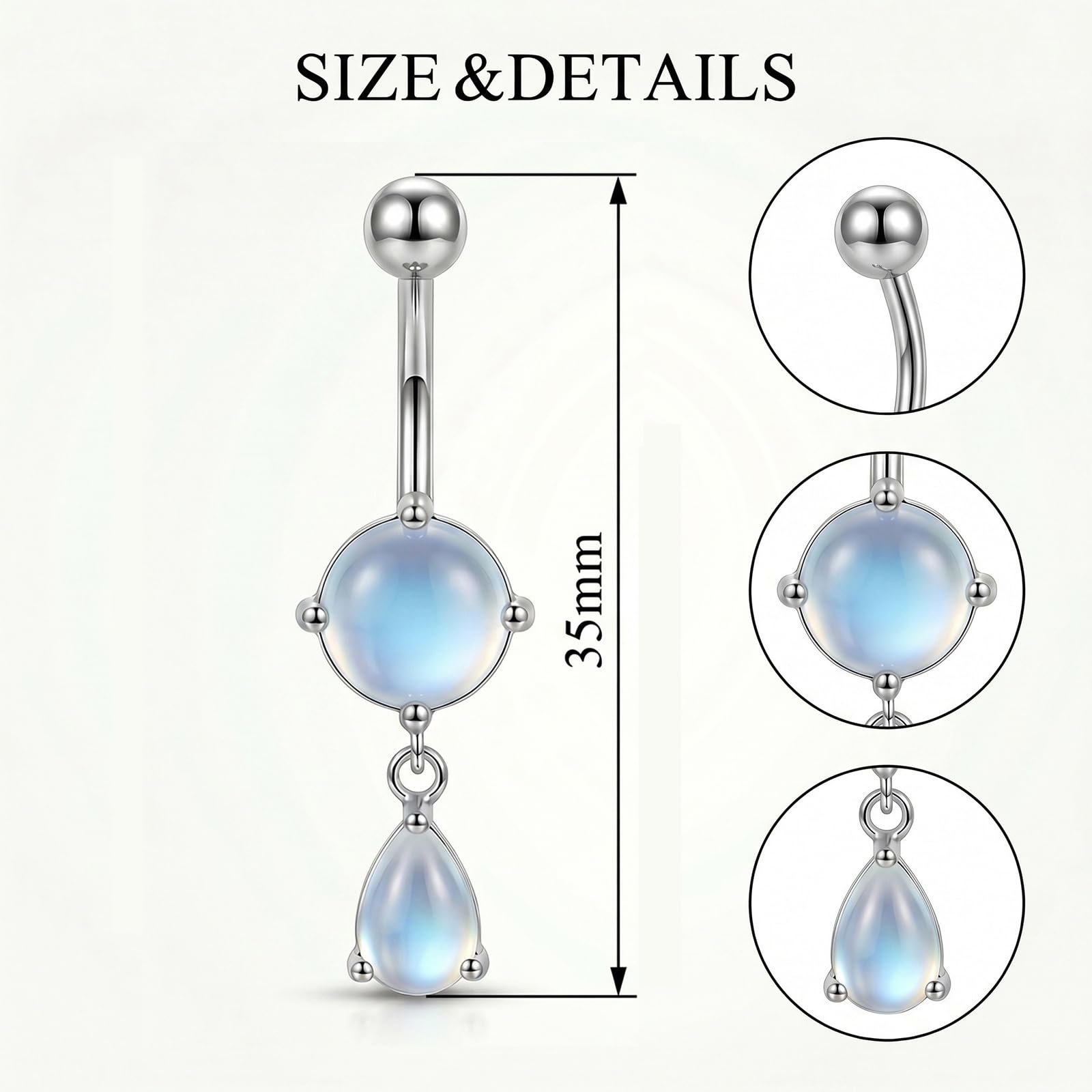 Piercing para ombligo con piedra lunar para mujer, plata de ley 925, 14 g, diseño elegante