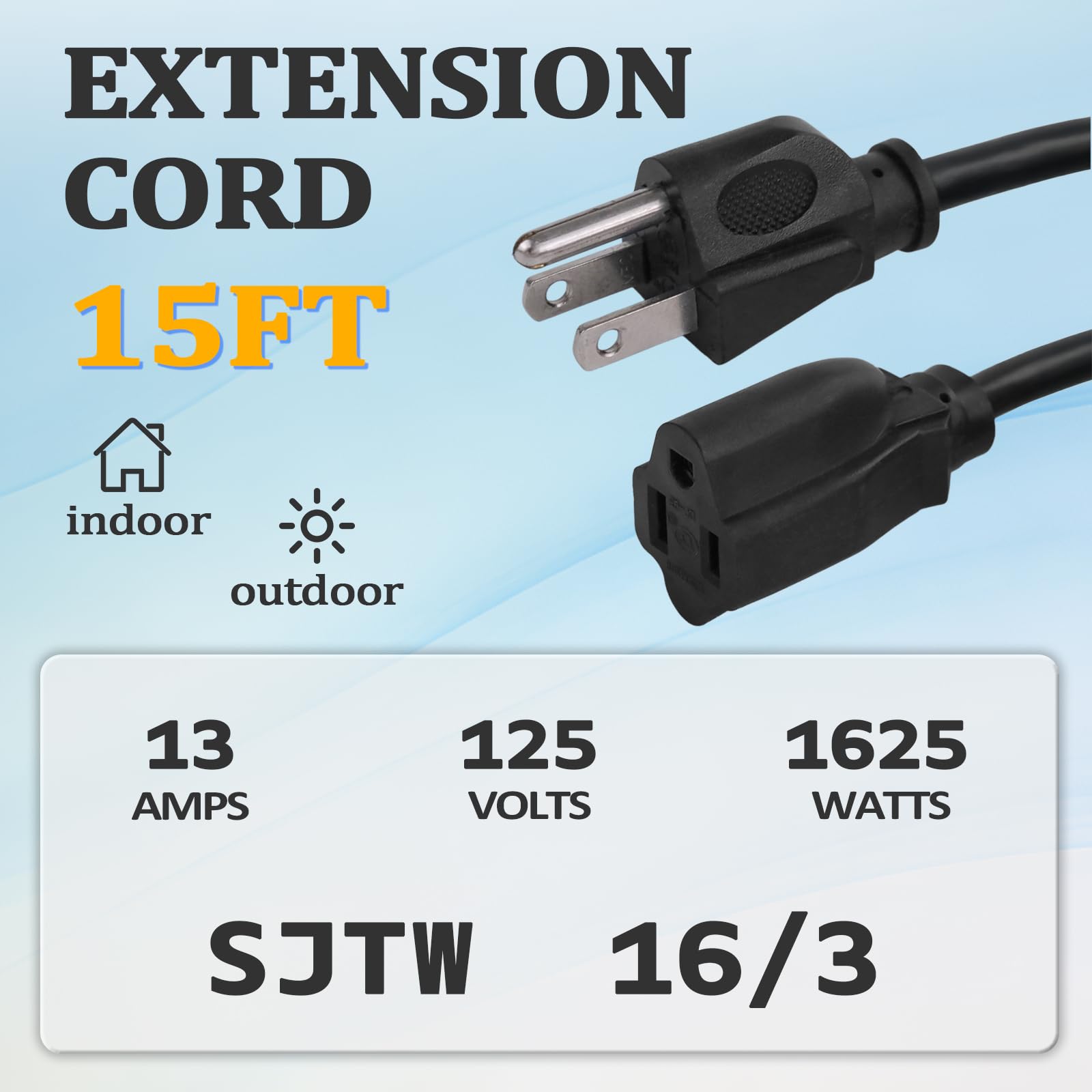 Cable de extensión negro de 15 pies para interiores y exteriores, cable eléctrico impermeable de calibre 16 con enchufe a tierra de 3 puntas, cable eléctrico SJTW de 13 A, 1625 W, 16/3