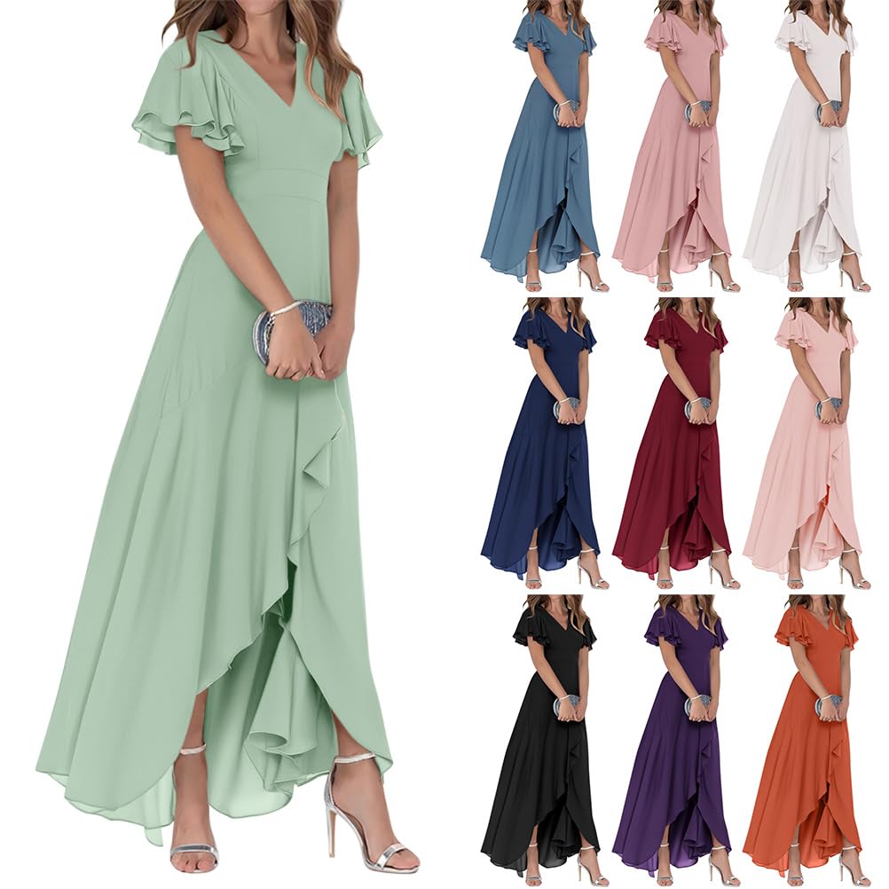 Minetom Robe De Soirée pour Mariage Invité Longue Femme Col V Mousseline A Line Manches Courtes Plissé Fendue Fluide