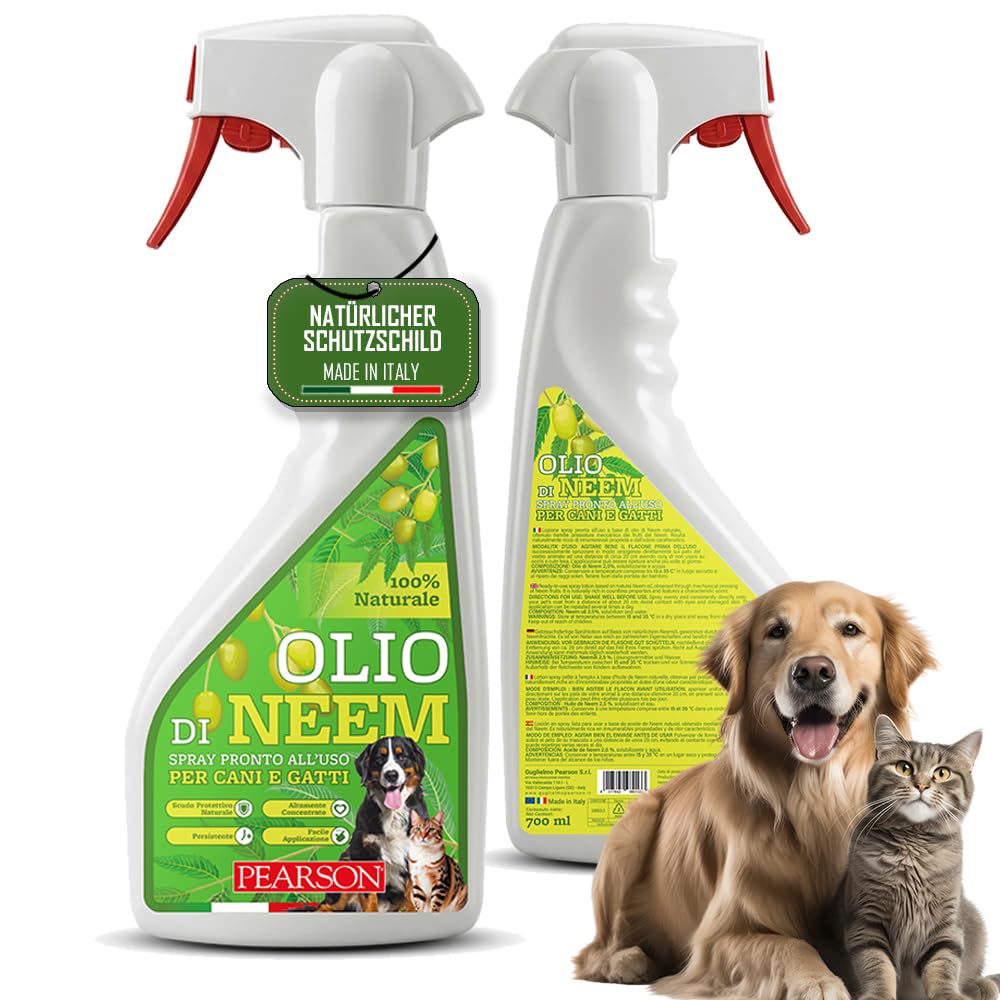 PEARSON Neemöl Spray für Hunde und Katzen 700ML, Natürlicher Schutzschild, Für Zecken, Flöhe und Mücken Unangenehmer Geruch, Neemöl Spray, Kombinierbar mit Antiparasitika für Hunde und Katzen