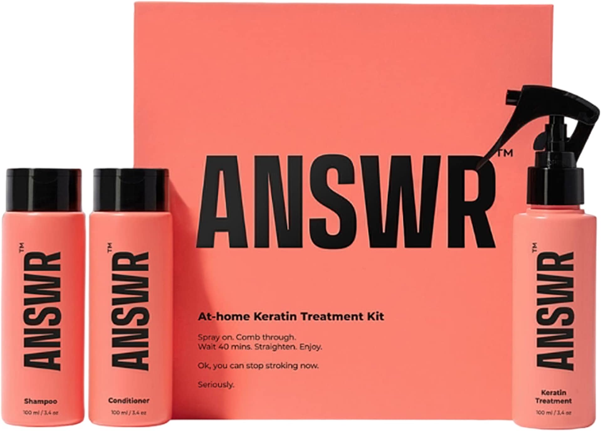 ANSWR At-home Keratin Treatment Kit - Vegan Shampoo & Conditioner Set Frizz-free Hair For 3 Months - Salon Quality Smoothing hair treatment Growth and Thinning Hair, 89% Natural - 3x100ml