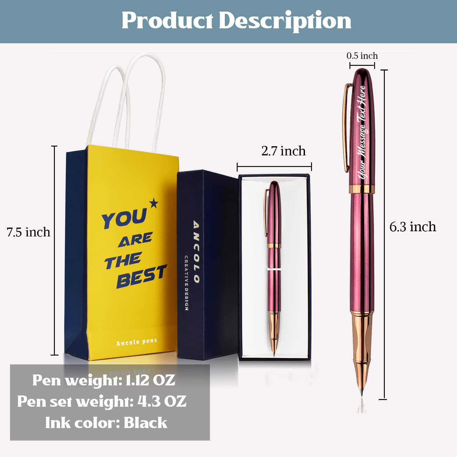 Personalized Fountain Pen With Gift Box - Medium Nib, Laser Engraved Name/Message, Metal Body, Perfect Gift For Men & Women