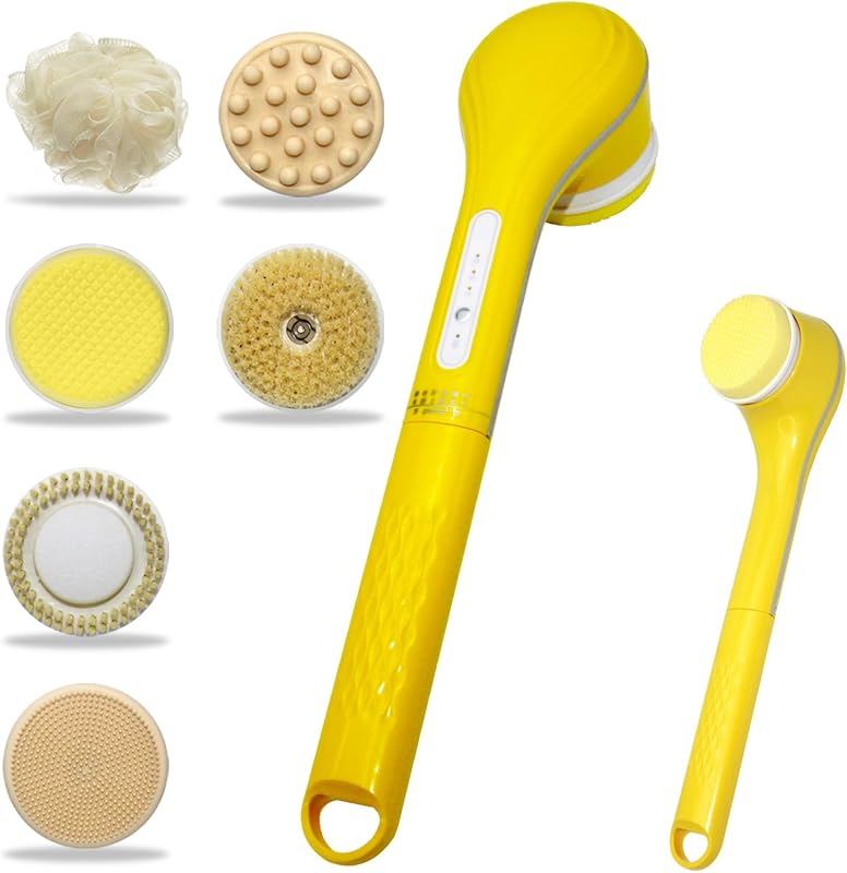 Escova elétrica giratória para banho e corpo Generic, cabo removível de 36,83 cm, 6 cabeças, IPX7, amarela