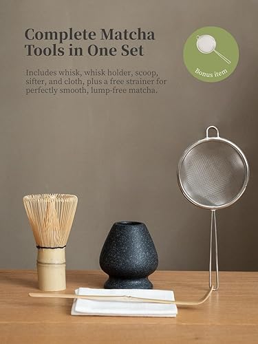 Miniatura 6 de Juego de 6 batidores japoneses de matcha, juego de matcha incluye cuenco de cerámica de 20 onzas (Chawan), batidor y soporte de bambú, cuchara de