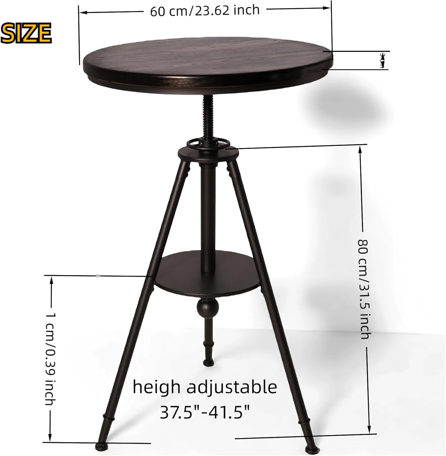 Diwhy 3 Piece Pub Table and Chairs Set, Industrial Round Wood Adjustable Heiht 37.5" - 41.5" Bar Table, 21.65" - 26" PU Upholstered Stools Set of 2, with Armrest, Backrest, for Kitchen, Balcony, Black