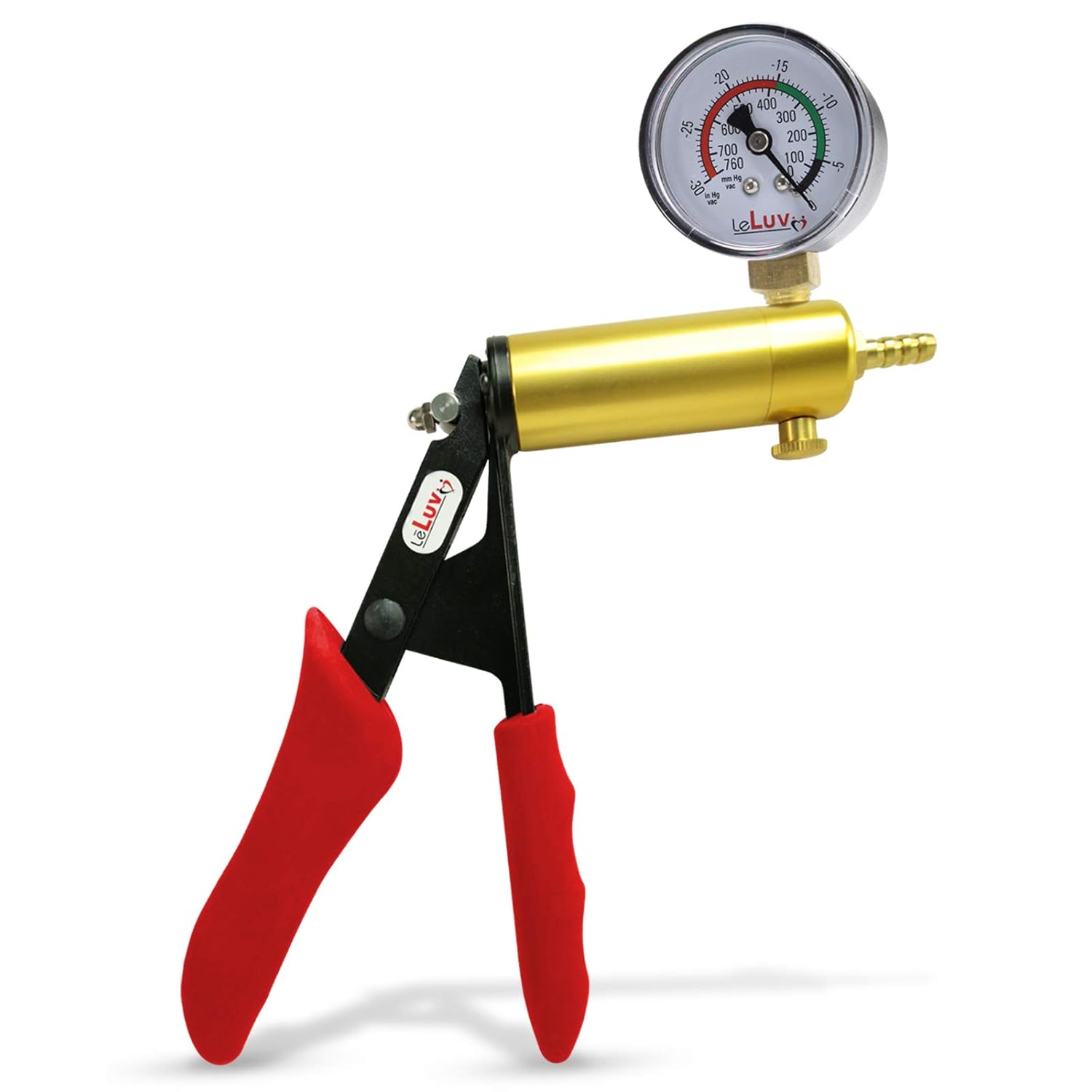 LeLuv Ultima Vacuum Pump Handle - Brass Chamber with Red Ergonomic Smooth Silicone Grips - Gauge Installed