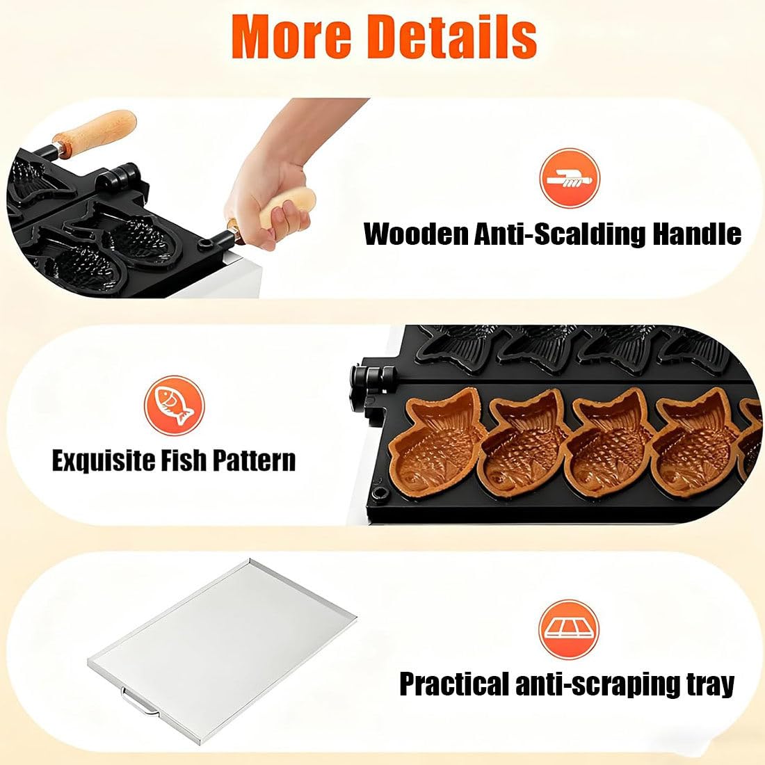 Máquina Eléctrica Taiyaki para Helado 3000w,con Diseño Doble Fila,6 Tablas Y Fuente para Hornear Teflón Antiadherente,Temperatura Ajustable 50 a 300 °c,180 ° Uniforme