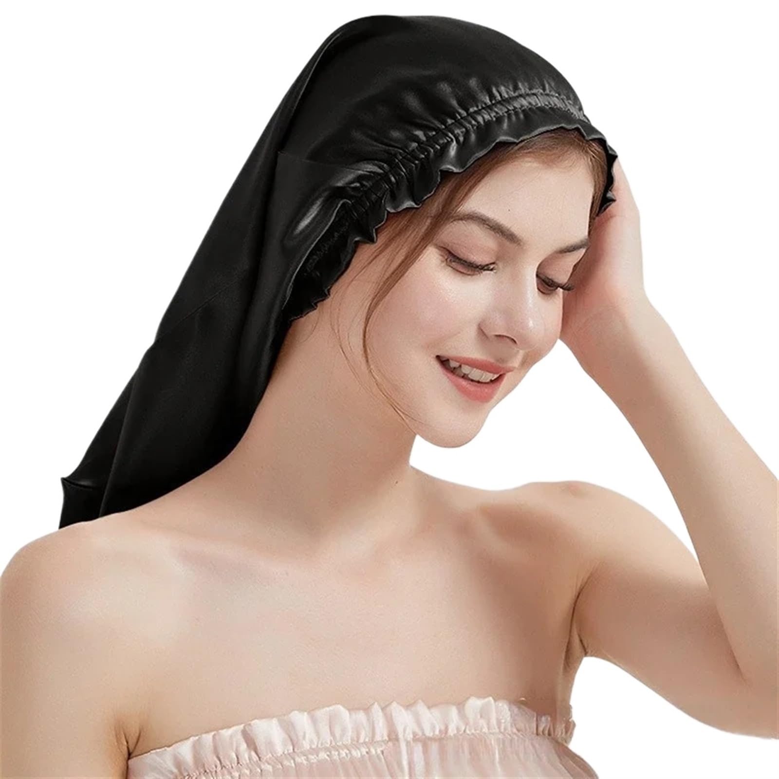Seidenhaube Zum Schlafen Lange Turban aus natürlicher Seide, dicke Haarhaube, Nachtmütze, Turban for Schlafen, lockiges Haar, Seidenhaube for den Schlaf, elastische Seiden-Haarwickel FüR Seide(Black)