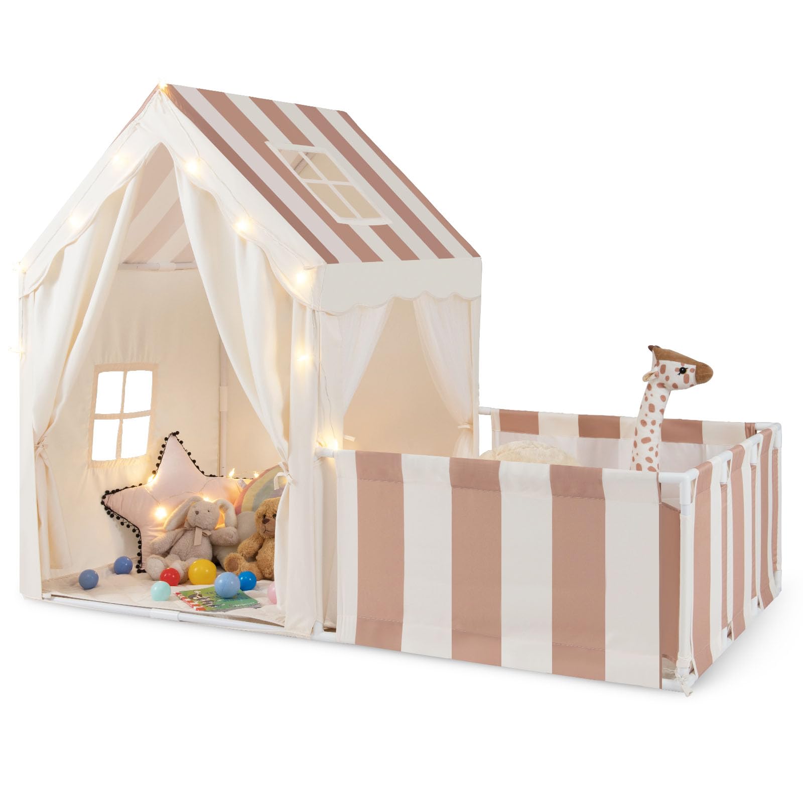 COSTWAY Kids Play Tent, Indoor Toddler Playhouse with Playpen, Washable Cotton Mat, Star Lights, Large Castle Fairy Tents for Girls Boys (Beige+Coffee)