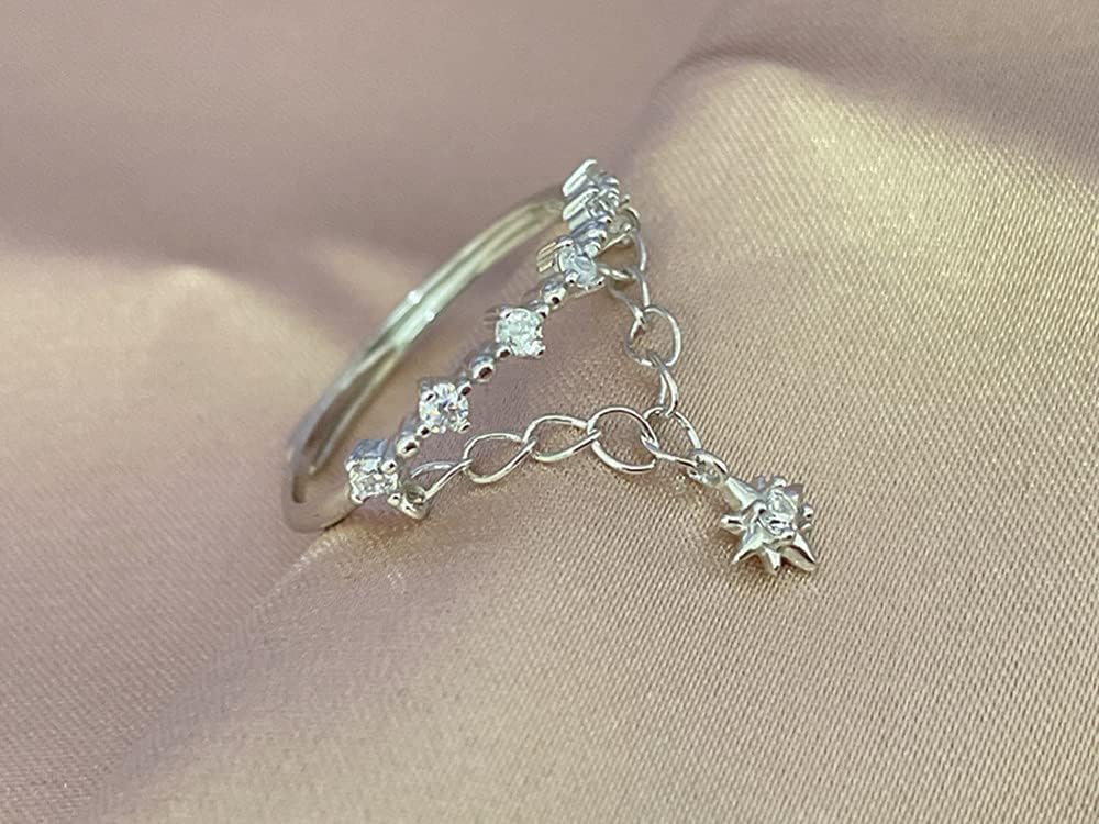 Dainty CZ Dangle Star chain Ring S925 Sterling Silver for Women Cubic Zirconia diamond Adjustable Statement Wedding Engagement Anniversary Rings Eternity Finger Band Dainty Jewelry Gifts for Her BFF - Image 2
