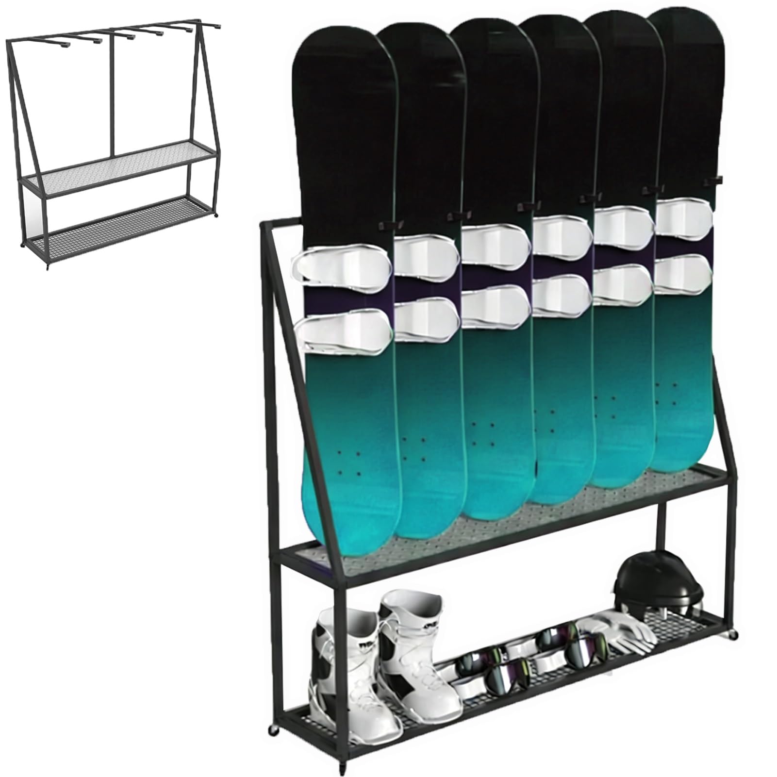Soporte de snowboard de 2 niveles para transporte o almacenamiento, soporte para tabla de nieve de campo traviesa para 5 o 6 tablas, soporte extraíble para casco de esquí para botas y gafas