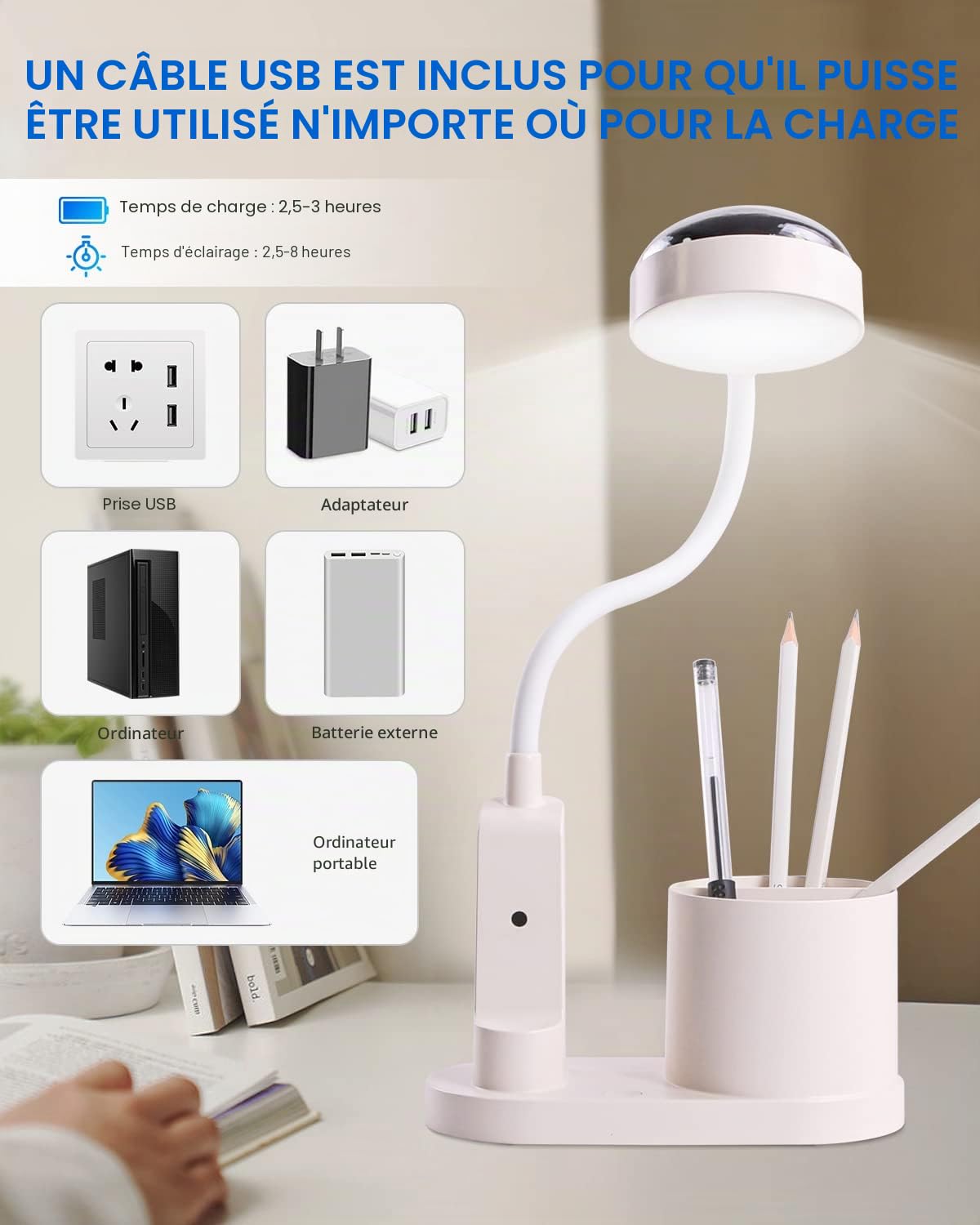 Lampe de Bureau pour Enfants avec Projecteur,Flexible Lampe de Table Sans Fil Dimmable Lampe de Lecture Rechargeable Lampe de Chevet LED Lampe d'étude avec Porte-stylo et Projection d'étoile