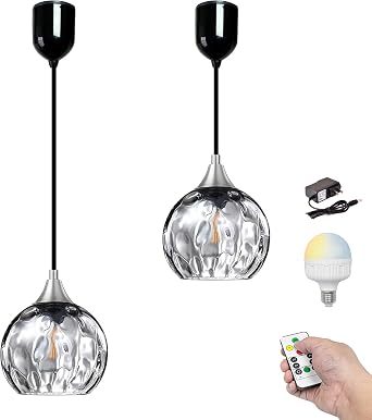 Kiven Battery Operated Pendant Light with Remote Control, Rechargeable Hanging Pendant Light Adjustable Height with Grey Glass Globe for Bedroom Kitchen Bar Living RoomSet of 2
