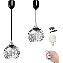Kiven Battery Operated Pendant Light with Remote Control, Rechargeable Hanging Pendant Light Adjustable Height with Grey Glass Globe for Bedroom Kitchen Bar Living RoomSet of 2