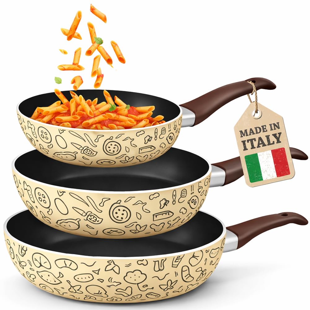 BAKAJI Tris Padelle Pastella da 20-24 - 28 cm con Fondo Antiaderente Cottura Uniforme e Omogenea, Manico Soft Touch, Padella Ideale per Cucinare Rapidamente, Adatto a Piani Cottura Gas