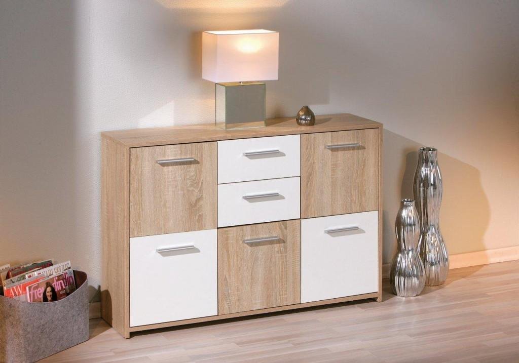 Inter Link – Kommode – Sideboard - Kommode mit 5 Türen und 2 Schubladen – 2 Farbig – Melaminbeschichtet – Sonoma Eiche Nachbildung und Weiß – BxTxH: 115x30x77 cm – Elvezia