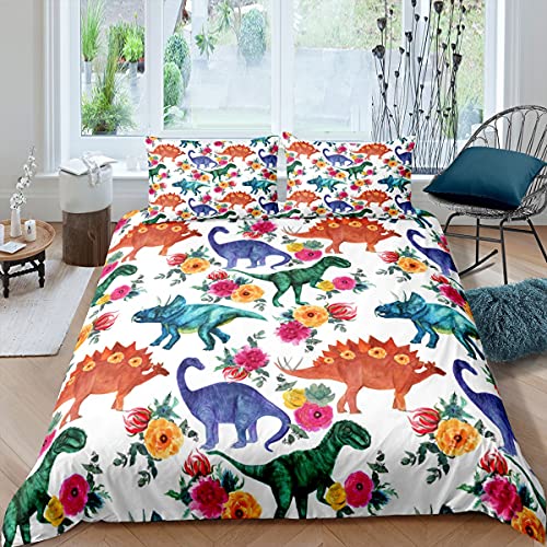 Juego de ropa de cama con diseño de dinosaurios de colores, 155 x 220 cm, diseño de dinosaurios con flores, juego de cama para niños, niñas, adolescentes, 2 unidades, con cremallera, microfibra