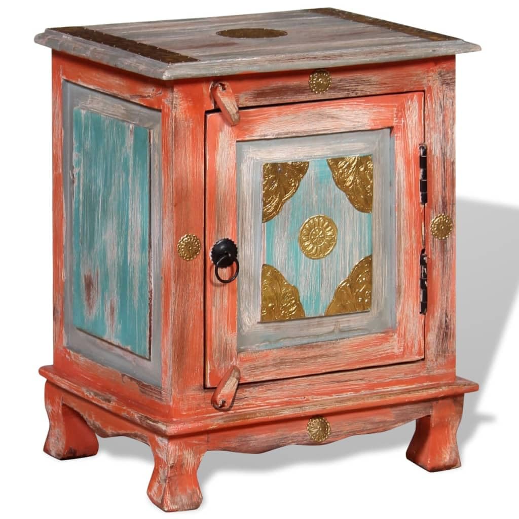 Stolik nocny z litego drewna mango pomarańczowy ręcznie wykonany 40 x 30 x 50 cm z dużymi drzwiami i mosiężnymi okuciami w indyjskim stylu vintage jako stolik pomocniczy i stolik nocny do