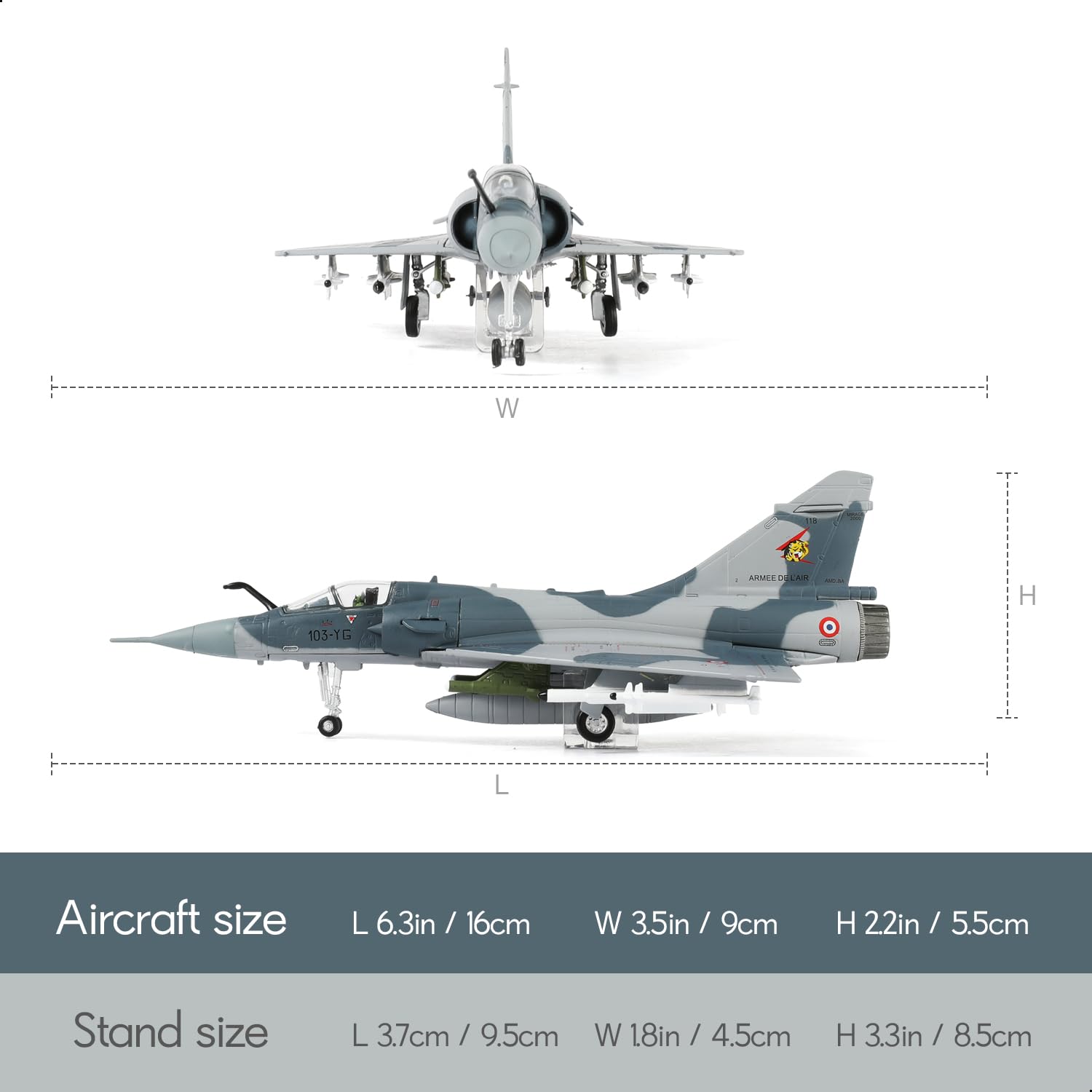 Mirage 2000 Flugzeugmodell Dassault französische Luft- und Raumstreitkräfte Multirole Fighter Miniatur 103-YG Militär Metall Druckguss Flugzeug Modellbausatz für Erwachsene Sammlung und