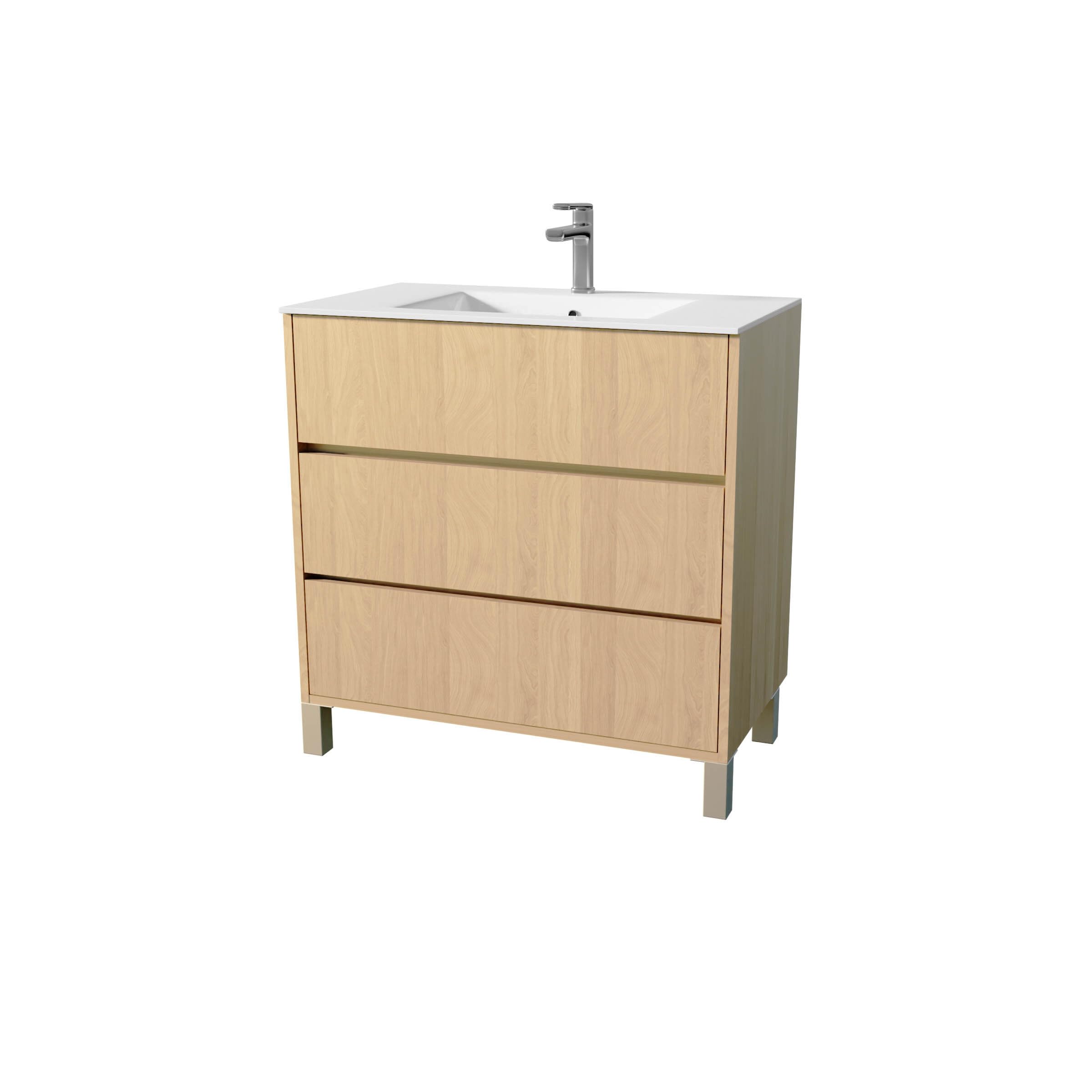 AURLANE Pack Meuble Salle de Bains 80 cm Chêne Clair, 3 tiroirs avec Vasque Céramique - Xenos