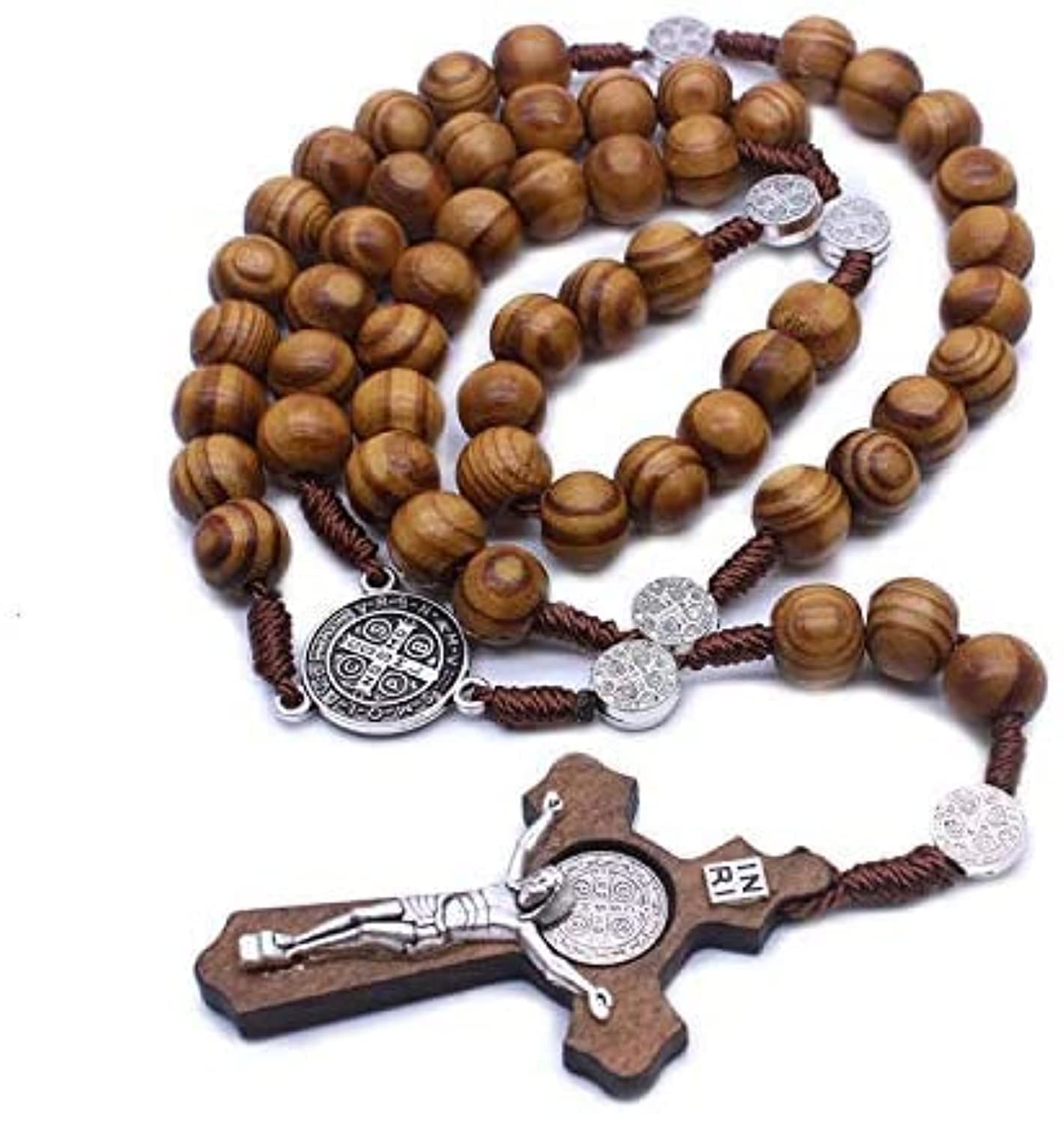 Original handmade wooden Cross Necklace Beads Wood Catholicism Gift Religious Prayer Beads for Chruch (Brown)
