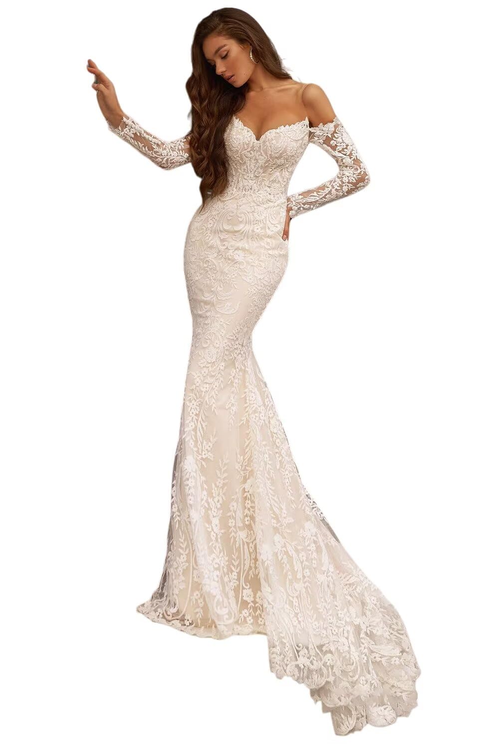 Mermaid Wedding Dresses for Bride Long Sleeve Satin Boho Bridal Dress Lace Beach Wedding Gown