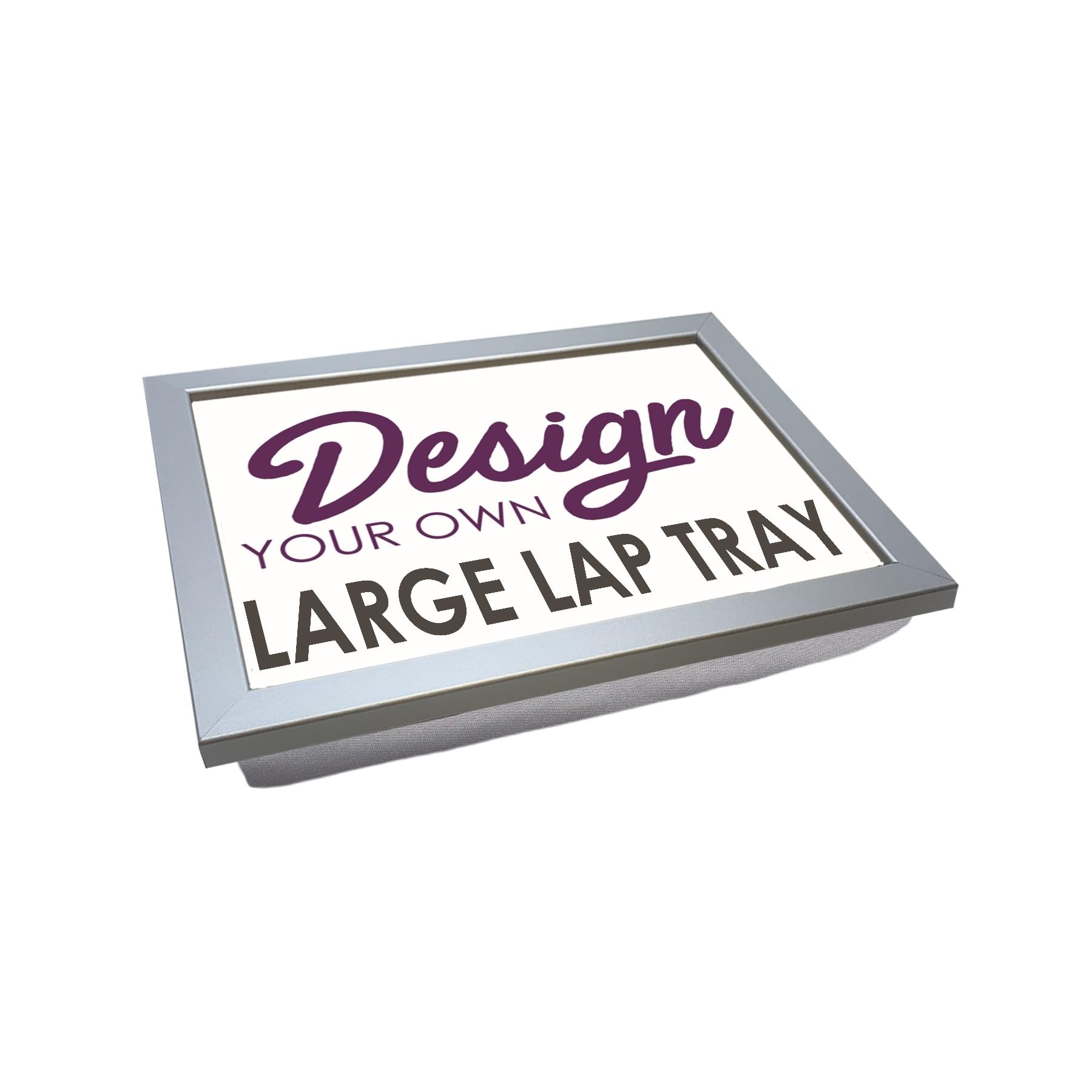 Design Your Own Extra Large Lap Tray. 49.8cm | Handmade Wooden Frame | Beanbag Cushioned Bottom | Computers, Laptops, Meals, Food, Crafting, TV, Dinner, Serving (Silver Frame with Grey Cushion Base)