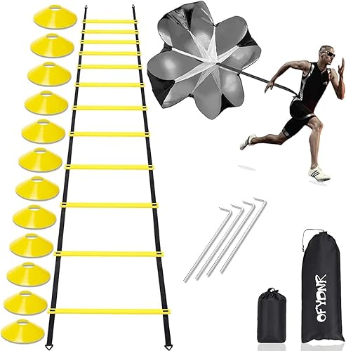 OFYDNR Speed Agility - Juego de entrenamiento de escalera de agilidad de 12 peldaños de 20 pies 12 conos de disco 4 estacas de acero paracaídas de