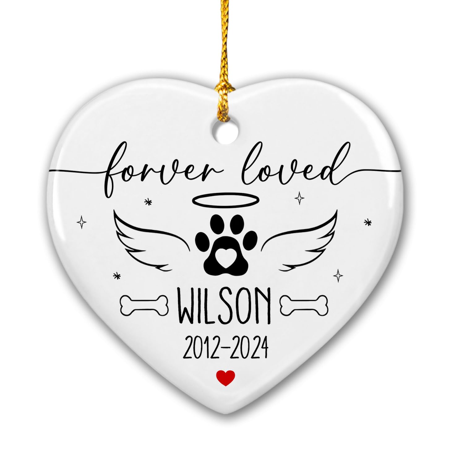Forever Loved Pet Memorial Ornament Personalized with Name and Date, Dog Paw Angel Wings Christmas Ceramic Ornaments, Custom Name Pet Remembrance Ornament for Dog Lover, Christmas Tree Decorations