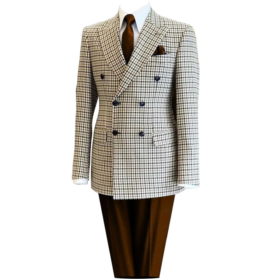 Premium Mens Houndstooth Dogstooth Tweed Plaid Slim Fit Jacket Prom Wedding Suit
