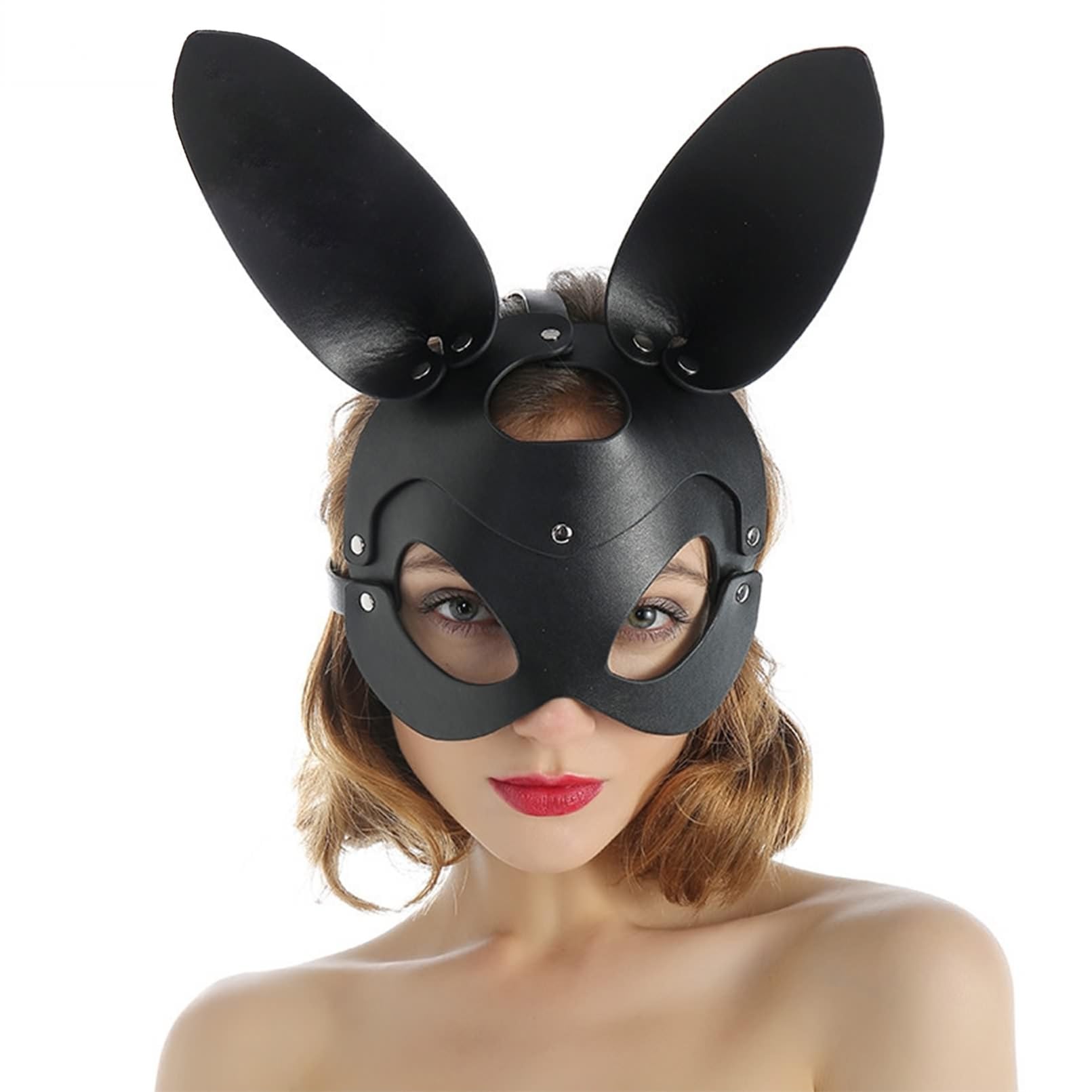 FOCICE Leather Bunny Mask with Ears Half Face Mask for Adults Cosplay Halloween Party Carnival Costume Accessory - Image 2