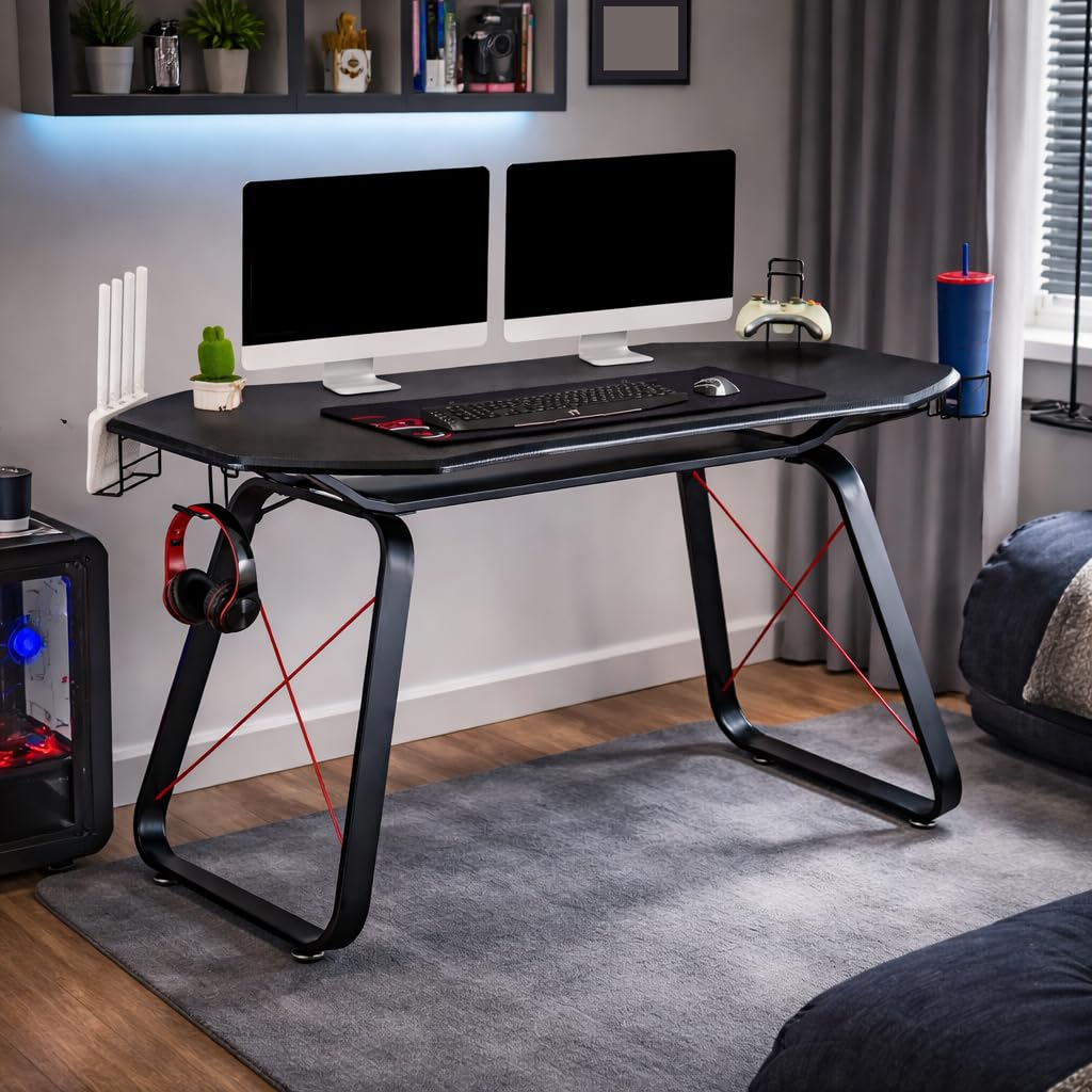 YELLOO - Scrivania Gaming per Computer, Scrivania Nera in Fibra di Carbonio Grande, Sceivanie per Cameretta Adatta per 1 Monitor Grande o 2 Monitor di Medie Dimensioni, Accessori Inclusi (GAMING GT10)