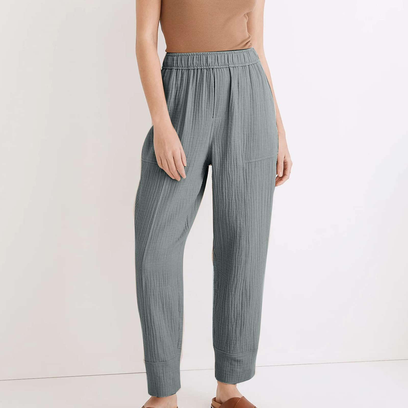 XUNRYAN Women's Fall Fashion 2023 Cotton Linen Pants High Waist Elastic Tapered Pants Cropped Trousers Joggers w Pockets Blue