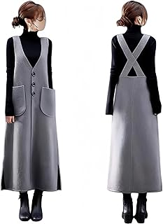 [YUANYUAN] レディース ウールワンピース サロペットワンピース 冬ドレス ロング丈 春服 秋服 冬服 袖なし 前ボーダー パッチポケット 無地 カジュアル ゆったり おしゃれ 大人 可愛い 暖かい キレイめ 切り替え レイヤード用 春秋冬