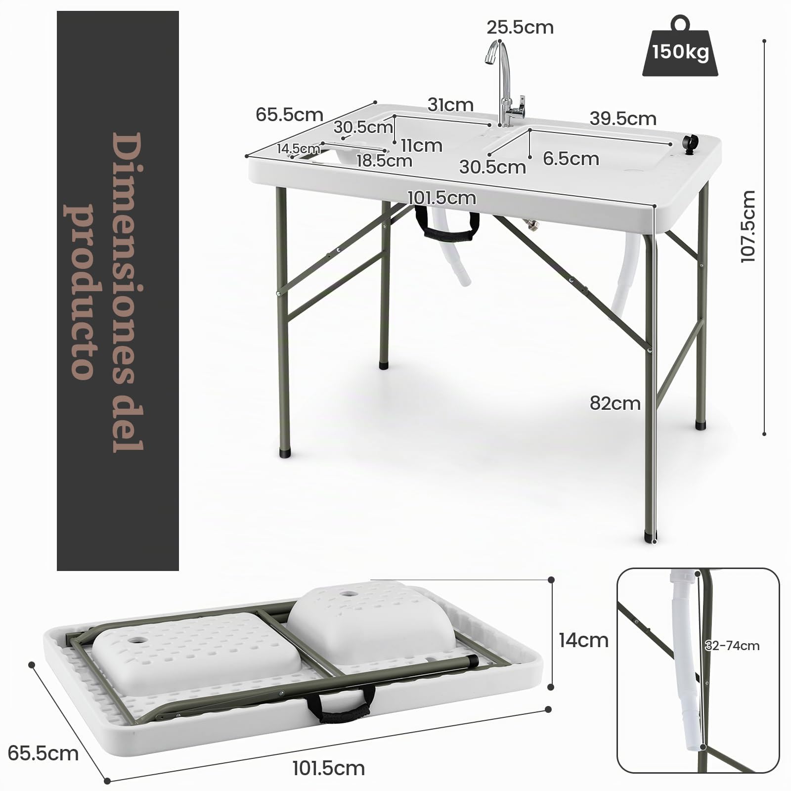 KOMFOTTEU Mesa de Camping Plegable Portátil Con Grifo Giratorio, 2 Fregaderos, Escala de Medición y Cubo de Basura - Para Picnic, Barbacoa, Pesca y Fileteado