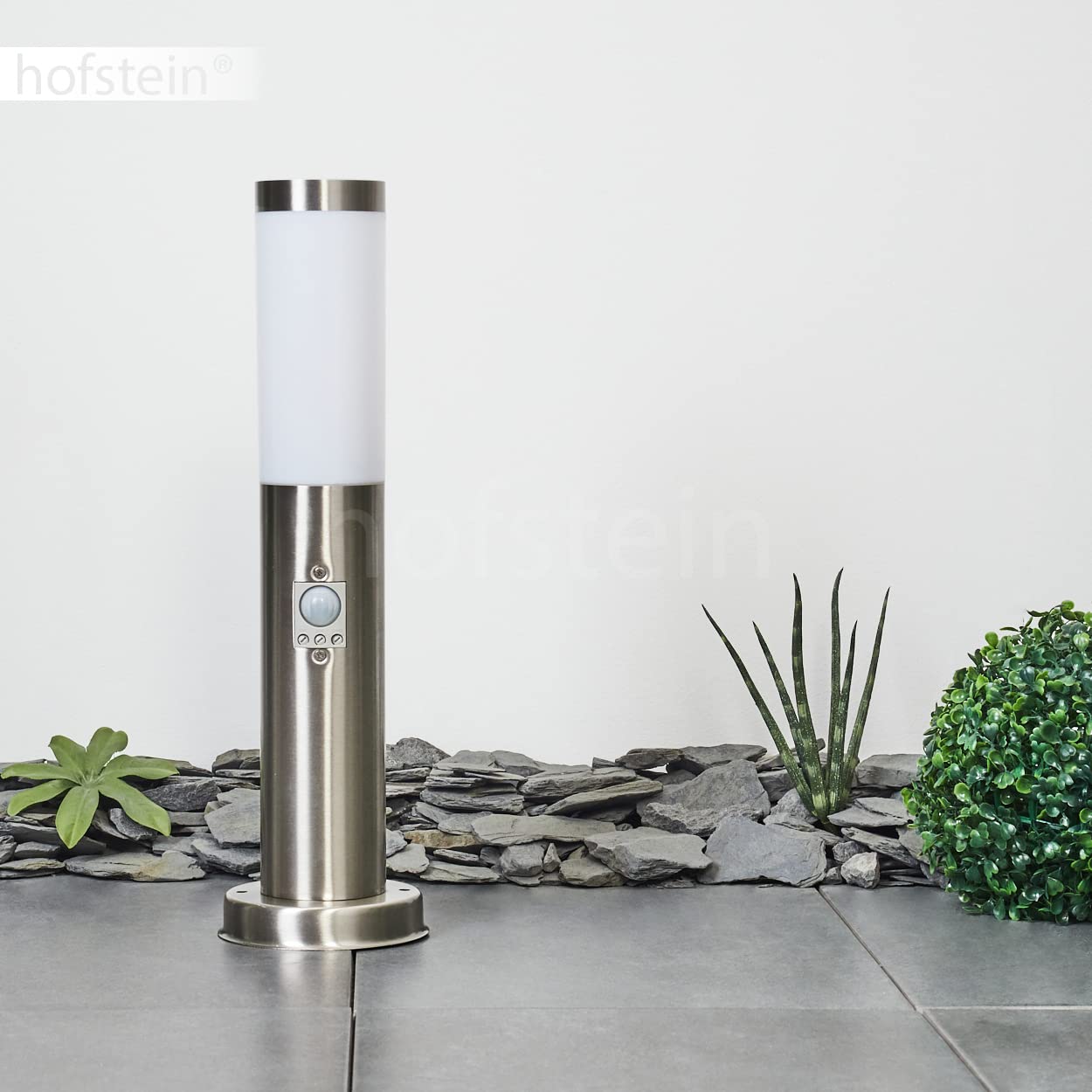 Zewnętrzna lampa na ścieżkę Sessa z czujnikiem ruchu, oprawa z metalu/tworzywa sztucznego w kolorze niklu matowego/białym, światło na ścieżkę 45,5cm, lampa ogrodowa w. E27, IP44, bez żarówki