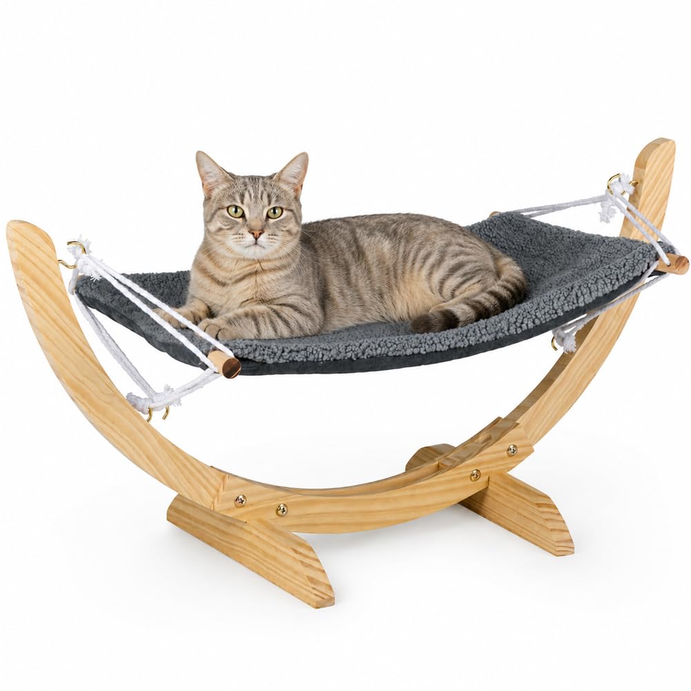BAKAJI Amaca per Gatti in Legno Ergonomica, Cuccia per Animali Domestici Portata Massima 6 kg, Lettino Ergonomico con Rivestimento Morbido, Struttura in Legno, 72 x 35 x 10 cm