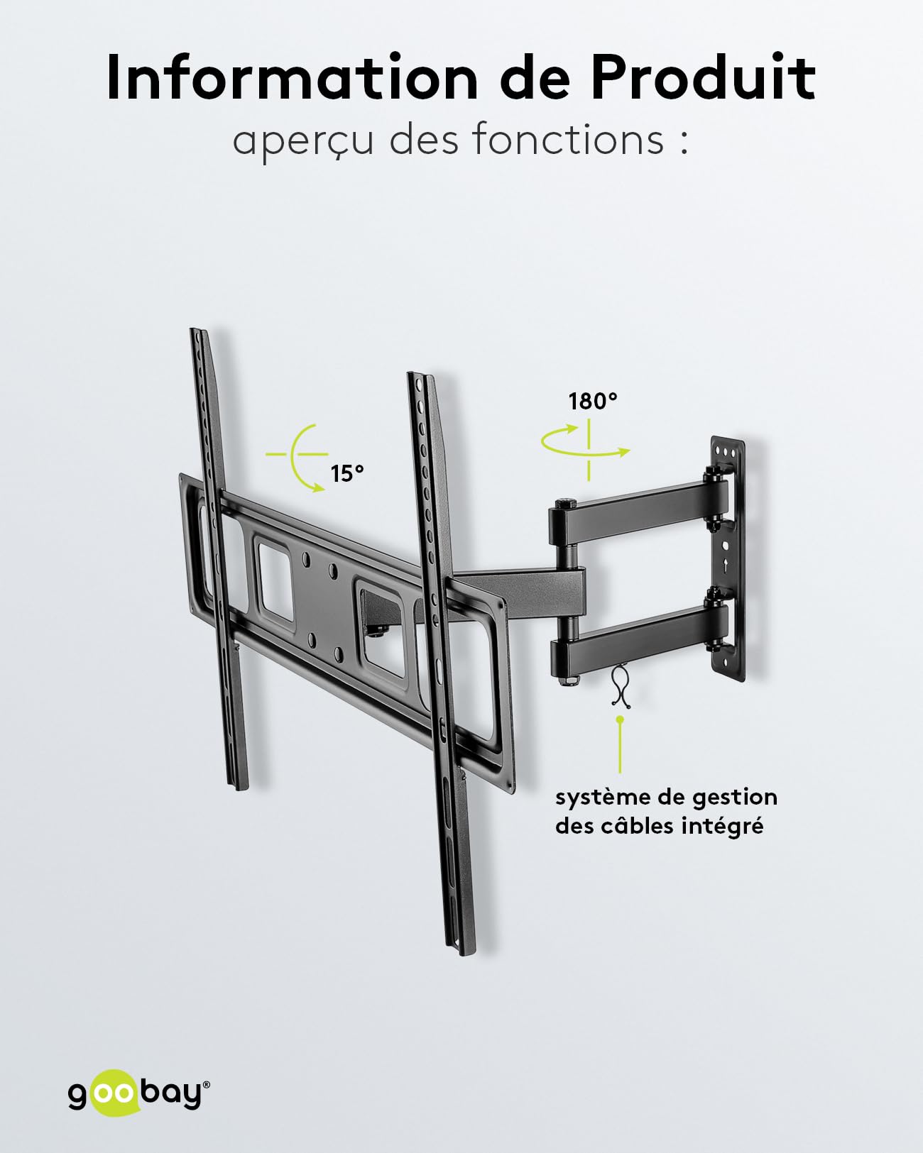 Goobay 49745 Support Mural TV Orientable et Inclinable pour écrans 37-70 Pouces (94-178 cm) / Accroche Television Mural Charge Max. 35 KG/Fixation Murale TV pour Tele VESA 300 x 300