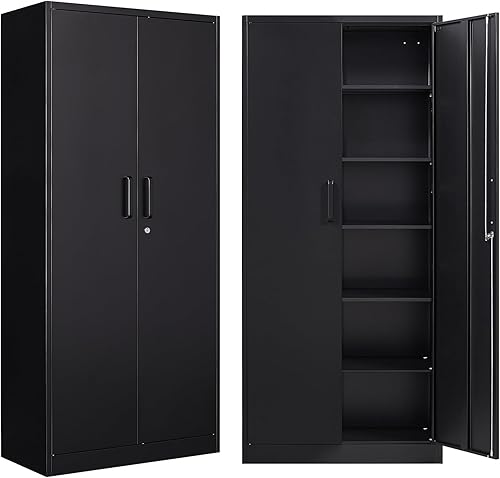 Armarios de almacenamiento de metal con cerradura, gabinete de almacenamiento de garaje de 71 pulgadas con 2 puertas y 5 estantes ajustables,