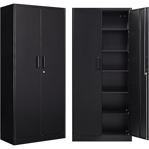 Metal Storage Cabinets with Lock, 71" Garage Storage Cabinet with 2 Door and 5 Adjustable Shelves, Steel Lockable Tool Cabinets for Home, Office, Gym, Garage
