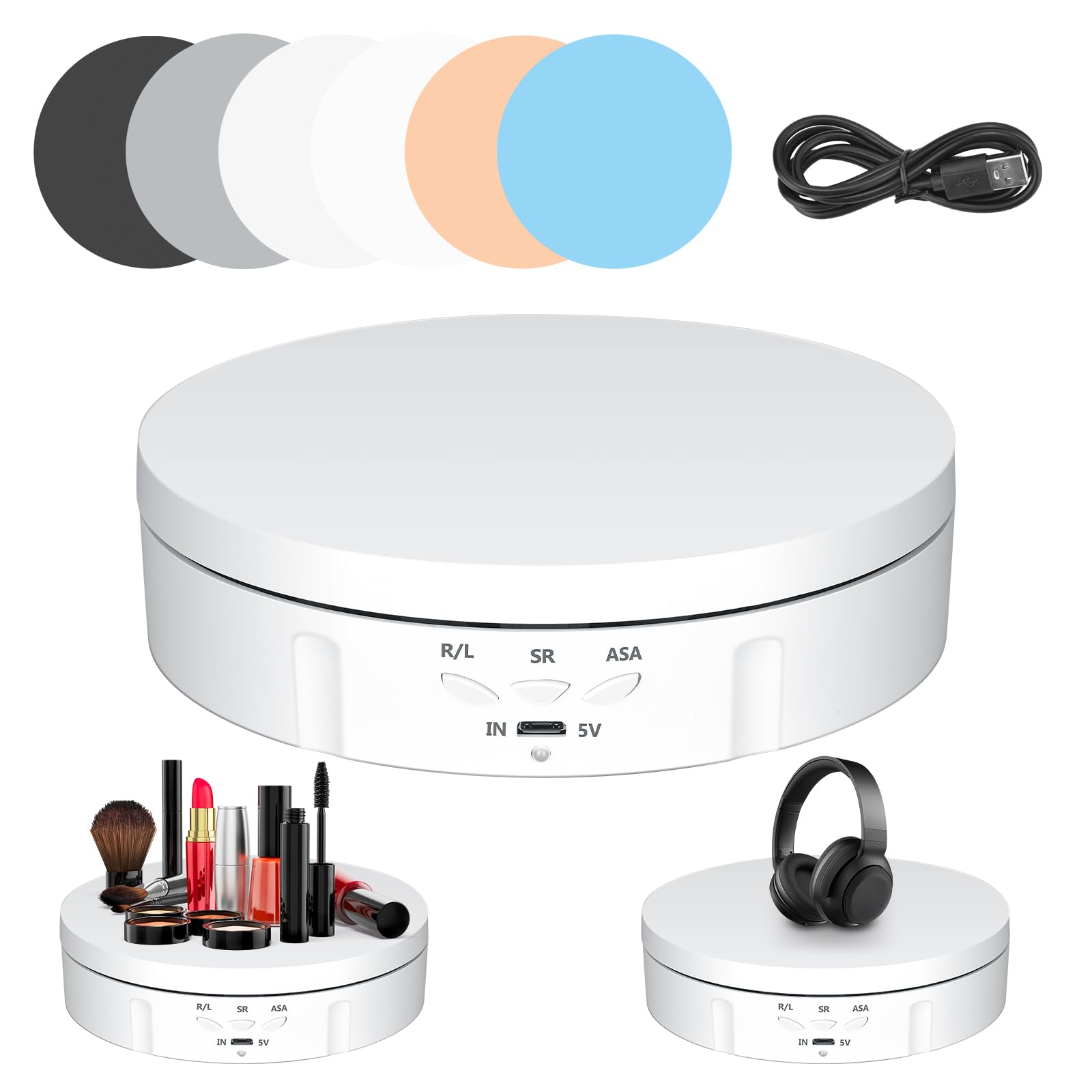 Plateau Tournant Electrique, Direction et Vitesse à 360 Degrés Réglables Tournante Rotative Électrique, Charge de 10KG Automatique Support Rotatif Motorisé Rechargeable avec 5 Panneaux de Fond