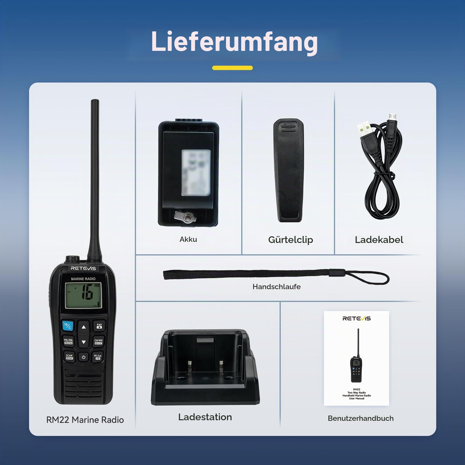 Retevis RM22 Marine Radio, Seefunkgerät mit Großer Reichweite für Angeln | IP67 Wasserdichtes Handfunkgerät, 2200 mAh, 900 mW Audio, Schwimmend Alarmierend für Kajakfahren(1 Stück)