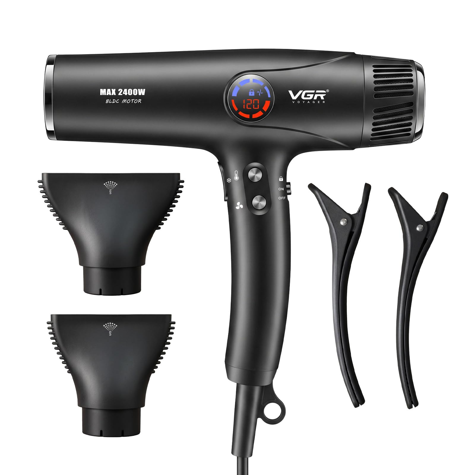 VGR 469 Secador de Pelo Profesional, Motor BLDC 2400 W, Secado Rápido | Incluye difusor, botón de aire frío, 4 temperaturas, pantalla LED y función de bloqueo