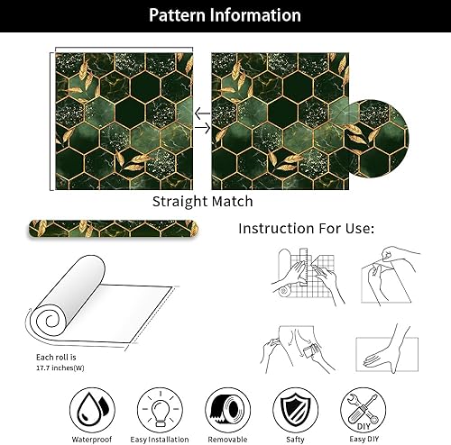 Miniatura 7 de Papel tapiz de mosaico geométrico vintage verde dorado con forma de panal de abeja, fácil de despegar, autoadhesivo, extraíble, para armario de