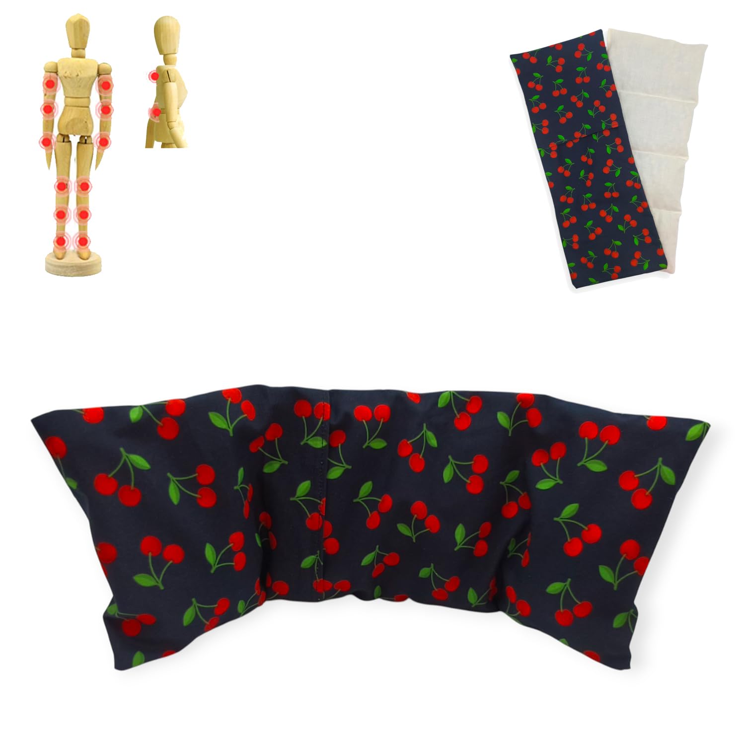 Saco semillas "Mini Cherries - black", saco con huesos de cereza, saco semillas microondas, saco térmico, frío y calor, bolsa microondas, funda lavable, 40x17cm, 400gr