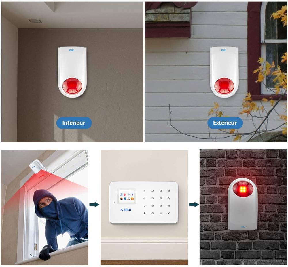 KERUI J008 siren mounted indoors and outdoors, and system diagram